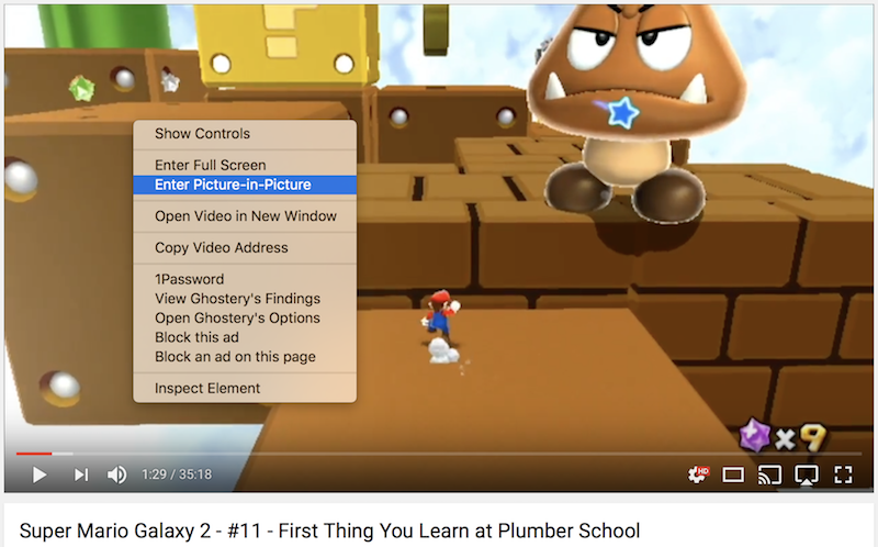 Screenshot of activating PiP on a YouTube video