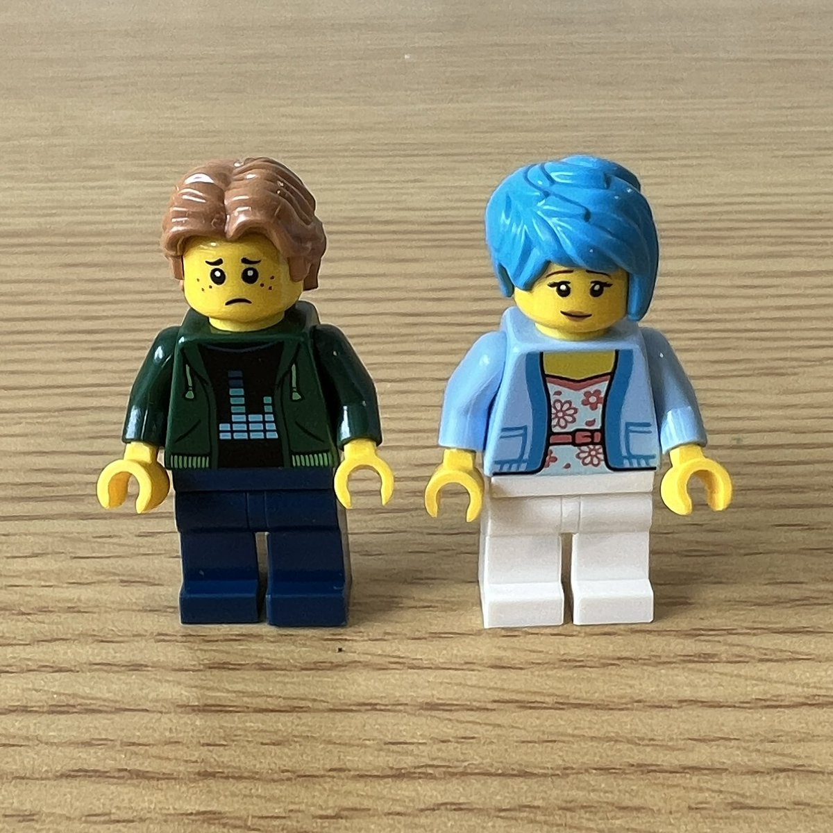 A closeup on two lego minifigures. On the left is a man with light brown hair wearing a green hoodie over a black tshirt with an EQ visualiser design. He looks sad. On the right is a woman with blue hair and a blue cardigan over a pink flowery top. She looks happier and she’s wearing eyeliner and lipstick.