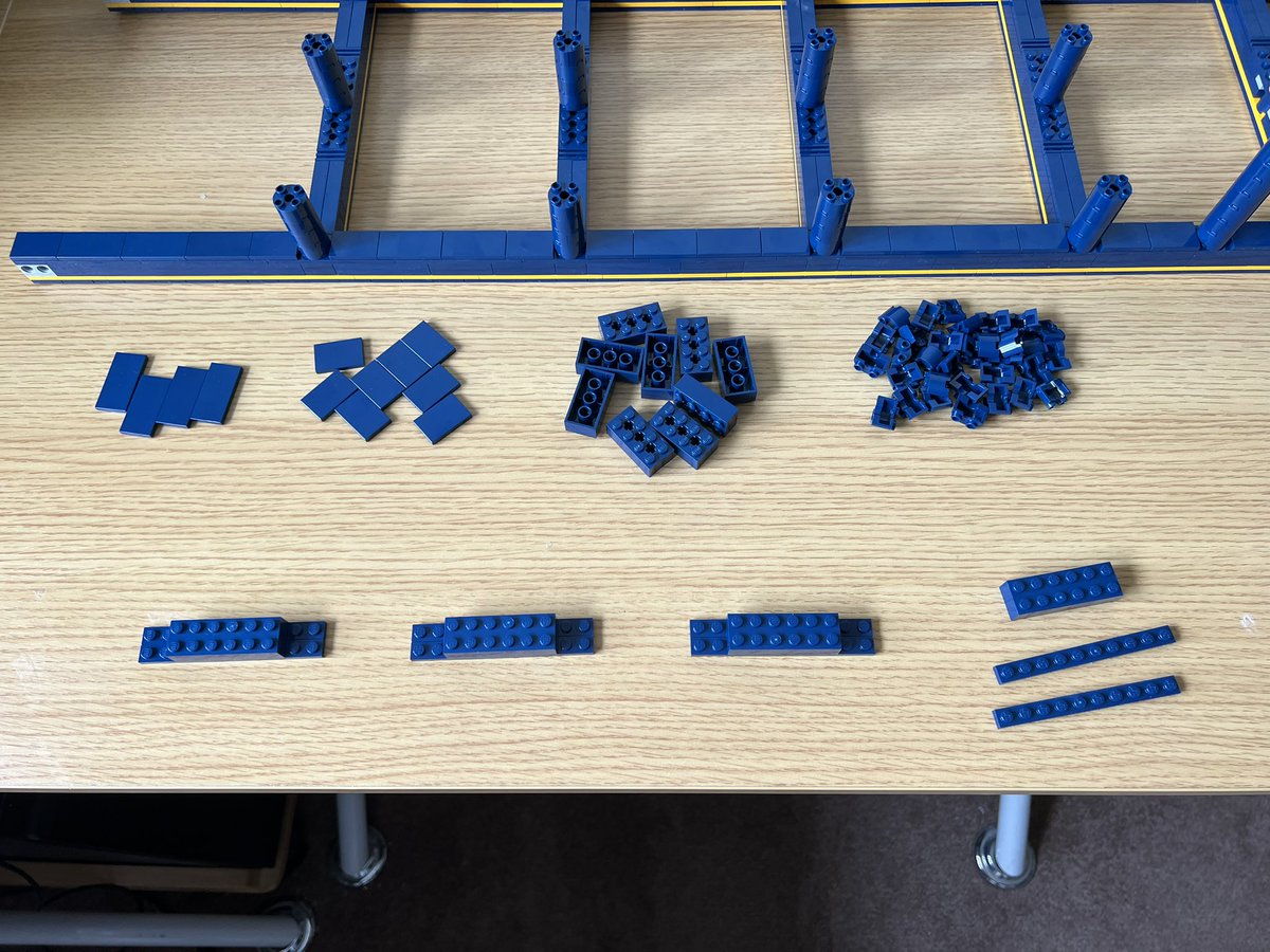 Four piles of lego pieces and four partial builds of a specific segment where all four are the same