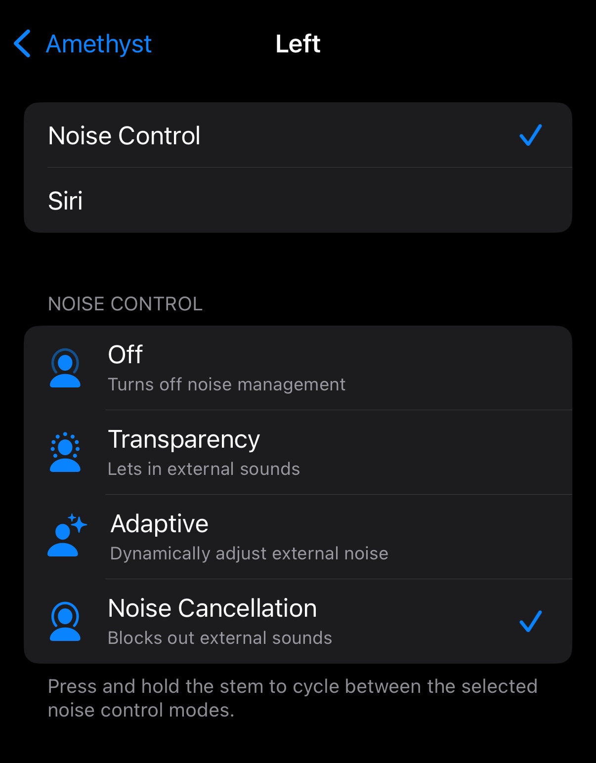 A screenshot of the AirPods settings where only "noise cancellation" is ticked in the list of modes.