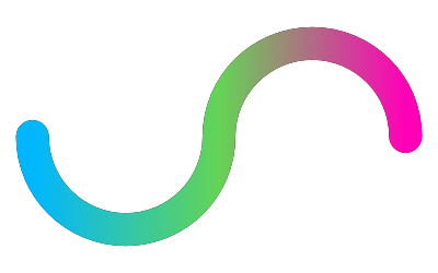 The half-infinity shape with a blue, green, and pink gradient running along it horizontally.