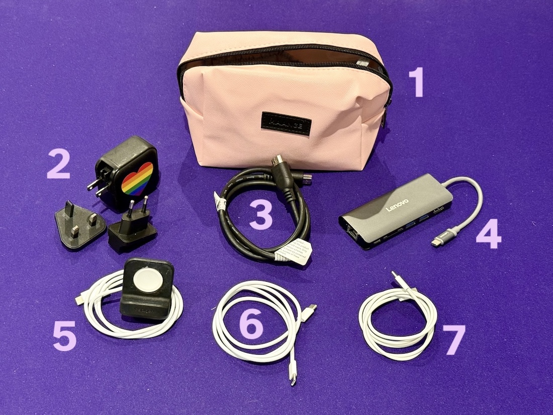A pink makeup bag with various chargers and cables in front, each labelled with a number.