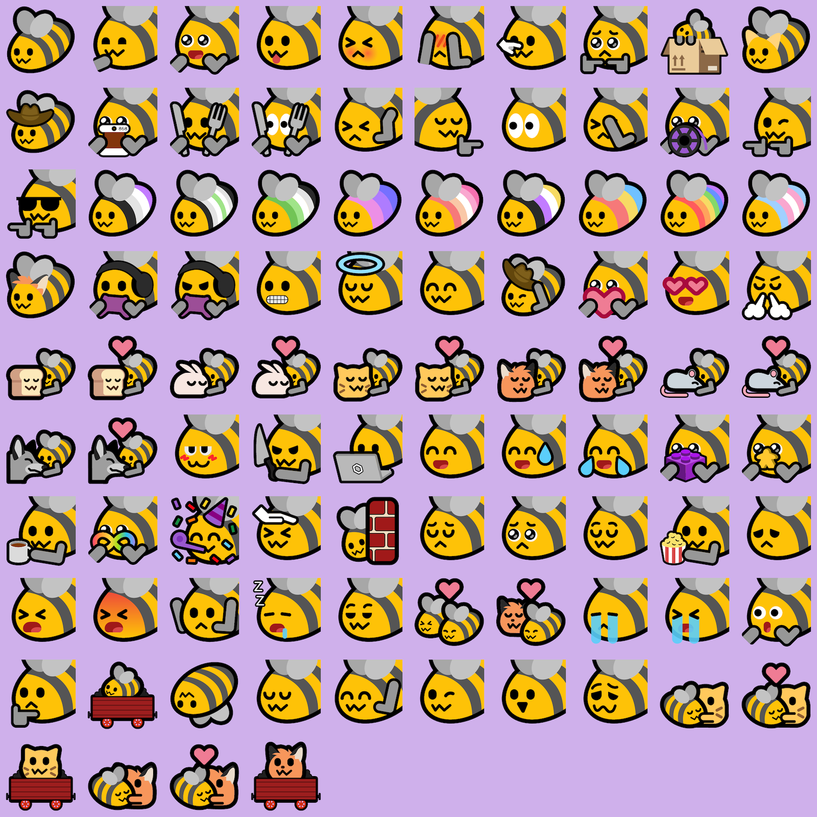 A grid of bee emojis making various expressions. They have cute yellow faces.